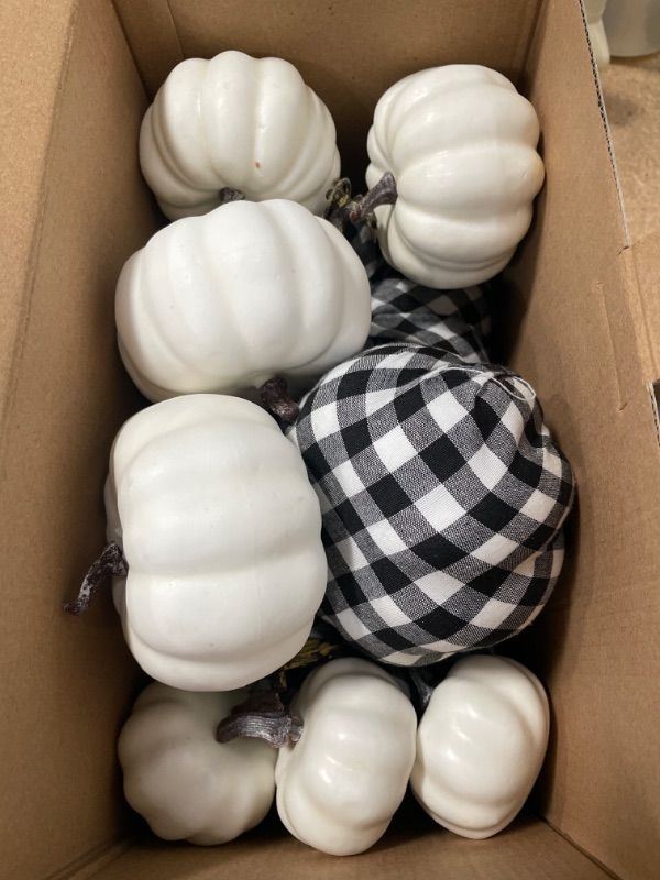 Photo 2 of Leipal 12Pcs White Plaid Artificial Pumpkin Decor for Halloween Thanksgiving Fall Decorations for Home
