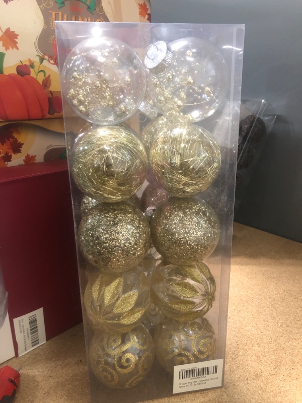 Photo 2 of 80MM/3.14" Clear Christmas Ornaments Set, 20PCS Shatterproof Decorative Hanging Ball Ornament with Stuffed Delicate Decorations, Xmas Tree Balls for Halloween Holiday Party Thankgivings - Gold.
