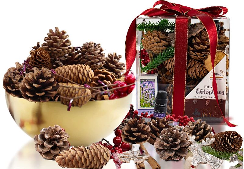 Photo 1 of heejoonay 88Pcs PineConesVase Filler Scented Gift Set, Christmas Rustic Pine Cones Bulk Ornaments Perfect for Crafting for Home Accent Decor Thanksgiving Fall Party Craft Decorations (Natural)
