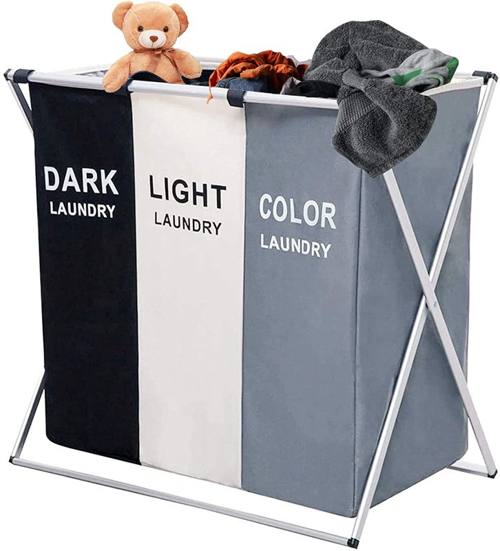 Photo 1 of **DAMAGED**Gecious 3 Section Laundry Hamper Basket Hamper Collapsible, 135L Foldable Waterproof Washing Storage, Oxford Bags and Aluminum Frame Laundry Sorter,Dirty Clothes Bag for Kid Bathroom, Bedroom