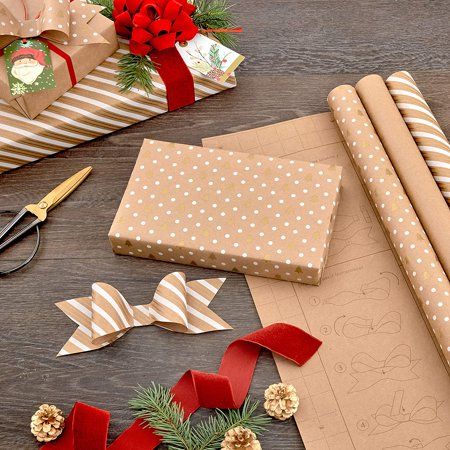 Photo 1 of ***ONE OPEN** Hallmark Holiday Wrapping Paper with DIY Bow Templates on Reverse (3 Rolls: 120 sq. ft. ttl) Kraft and Gold Christmas Trees, Stripes, Solid Kraft for Christmas, Hanukkah, Weddings, Birthdays
