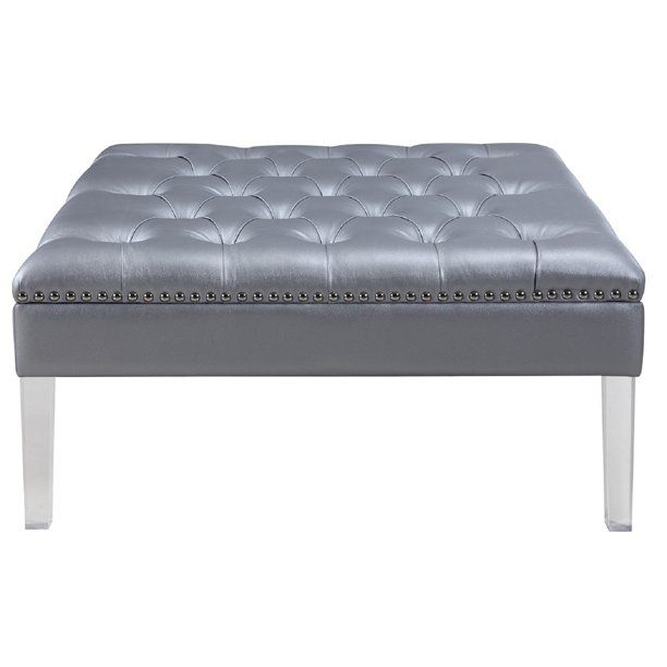 Photo 1 of **MISSING SOME HARDWARE** Iconic Home Chic Home Twain Leather Button-tufted Clear Acrylic Legs Ottoman Silver
