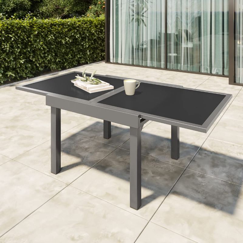 Photo 1 of ***PARTS ONLY*** Patio Glass Top Dining Table, VredHom Outdoor Aluminum Extendable Dining Table Backyard Bistro Rectangle Table Outdoor Furniture Garden Adjustable Table...
