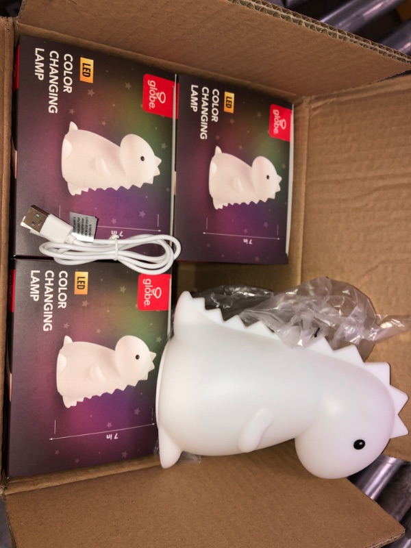 Photo 2 of Globe Electric Tommy Dinosaur MultiColor changing Integrated LED Rechargeable Silicone Night Light Lamp, White- 4 pack 