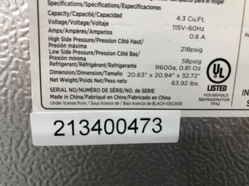 Photo 3 of (minor dents on corners of fridge )
BLACK+DECKER BCRK43V Compact Refrigerator Energy Star Single Door Mini Fridge with Freezer, 4.3 Cubic Ft., VCM
