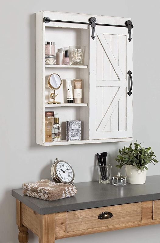 Photo 1 of *similar to stock photo*
Kate and Laurel Cates Decorative Wood Wall Storage Cabinet with Vanity Mirror and Sliding Barn Door, Rustic White
