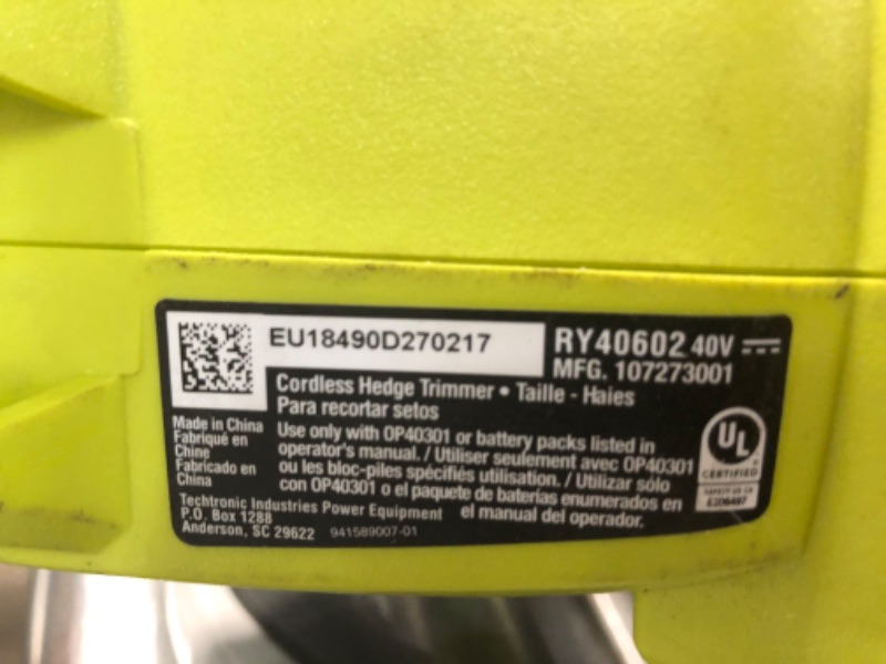 Photo 2 of (MISSING CHARGER) 
Ryobi 24in. 40-Volt Lith-ion Cordless Hedge Trimmer 
