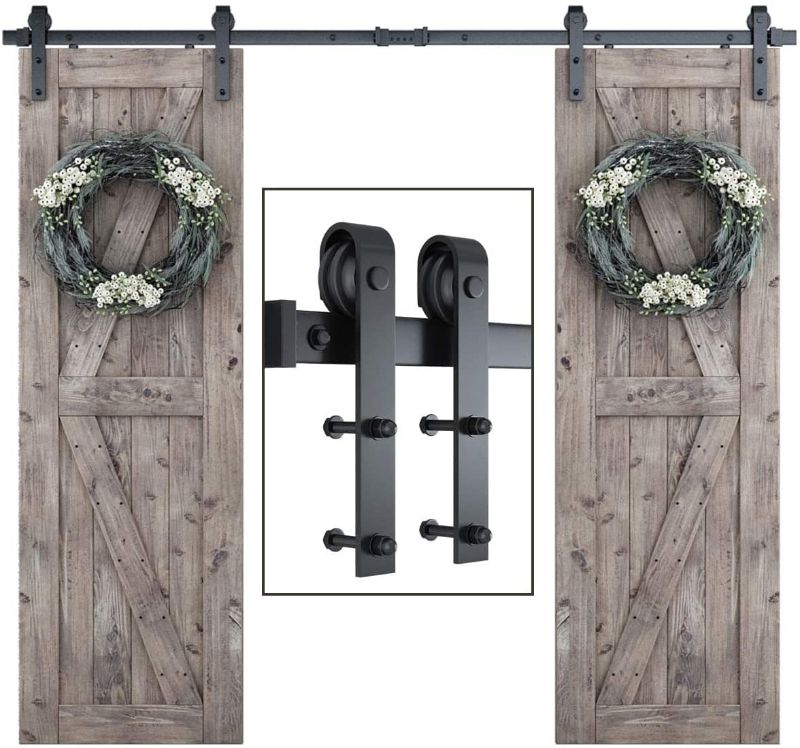 Photo 1 of **INCOMPLETE**SMARTSTANDARD 8 Feet Heavy Duty Double Sliding Barn Door Hardware Kit -Smoothly and Quietly -Includes Detailed Installation Fit 24" Wide Doorpanel (J Shape Hanger)
