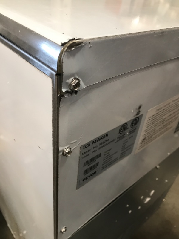 Photo 2 of *DAMAGE TO UNIT* VEVOR 110V Commercial Ice Maker 80-90LBS/24H with 33LBS Bin, Full Heavy Duty Stainless Steel Construction, Automatic Operation, Clear Cube for Home Bar, Include Water Filter, Scoop, Connection Hose
