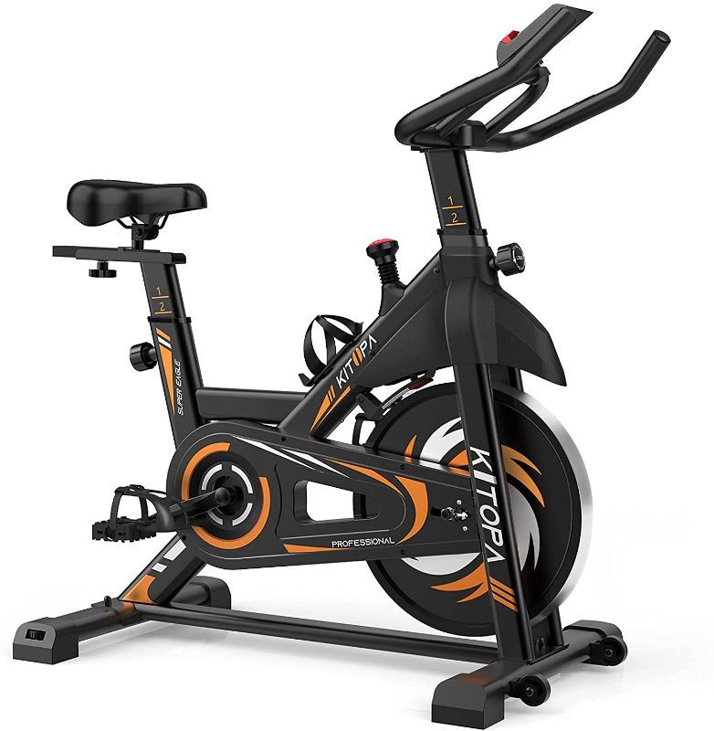 Photo 1 of  Exercise Bike - Kitopa Magnetic Resistance Stationary Bike, Quiet Belt Drive Indoor Cycling Bike with Comfortable Seat Cushion and LCD Monitor for Home Workout
Some scratches and scuffs!