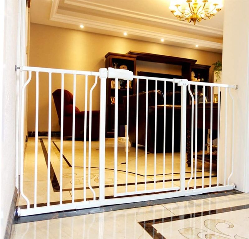 Photo 1 of ALLAIBB Extra Wide Pressure Mount Baby Gate Auto Close White Metal Child Dog Pet Safety Gates with Walk Through for Stairs,Doorways,Kitchen and Living Room 62.2-66.9 in (62.20-66.93"/158-170cm)
