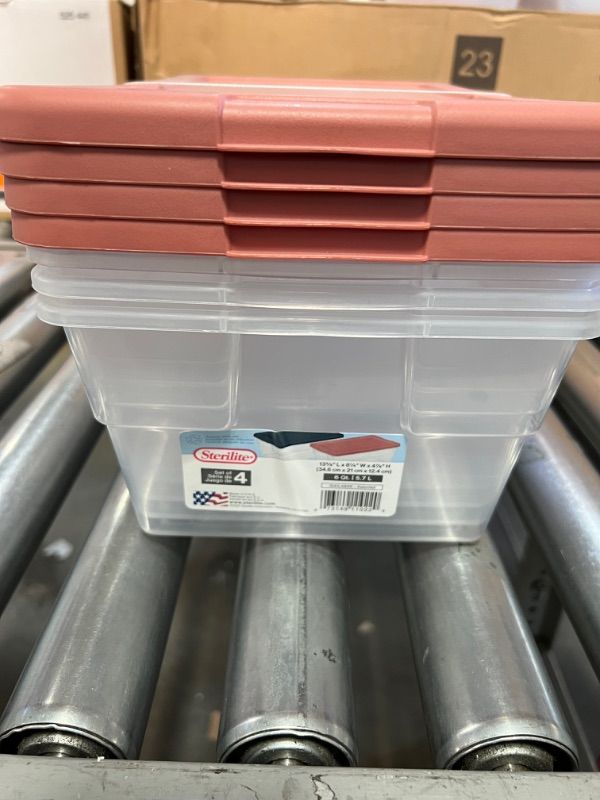 Photo 1 of Sterilite Storage Box 13.5 X 8.3 X 4.8, 6 Qt. Clear, pink 4 pack 