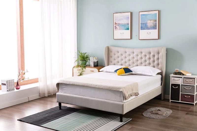 Photo 1 of **BOX 2 OF ONLY 2**, **BOX 1 OF 2 MISSING**
Home Life Premiere Classics Cloth Light Grey Linen 51" Tall Headboard Platform Bed with Slats Queen, Beige
