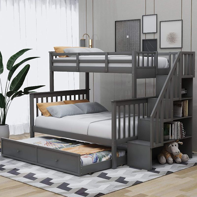 Photo 1 of **BOX 1 OF 3 ONLY** BOX 2 OF 3 AND BOX 3 OF 3 MISSING**
Merax Solid Wood Twin-Over-Full Stairway Bunk Bed with Twin Size Trundle, Storage and Guard Rail, No Spring Box Needed (Grey)
