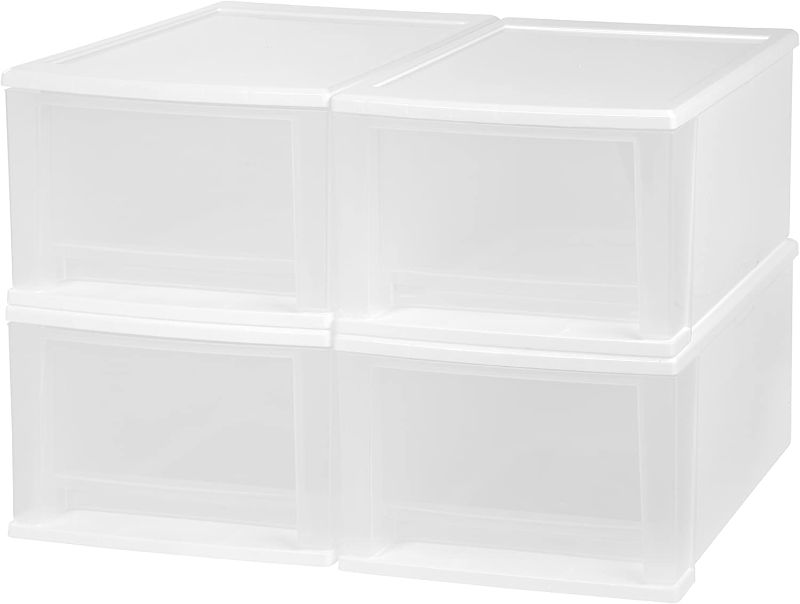 Photo 1 of **ONE DRAWER HAS MINOR CHIP**
IRIS USA, Inc. 17 Quart Stacking Drawer, 4 Pack, White (129899)
