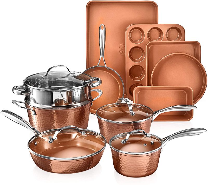 Photo 1 of **INCOMPLETE**
Gotham Steel Hammered Copper Collection – 15 Piece Premium Cookware & Bakeware Set with Nonstick Coating, Aluminum Composition– Includes Fry Pans, Stock Pots, Bakeware Set & More, Dishwasher Safe
