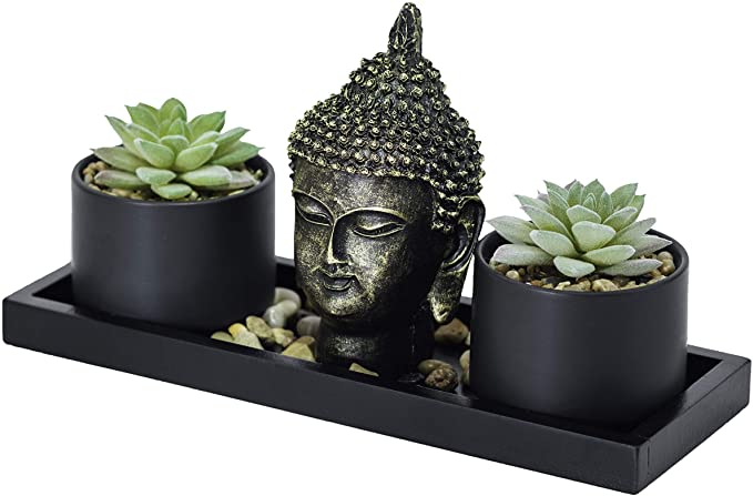 Photo 1 of Buddha Statue & Succulent Zen Garden Set- Buddha Head Statue w/ Wooden Display Tray & Stones| Buddha Decor For Home Decor. Beautiful & Peaceful. Great Meditation Gifts.
