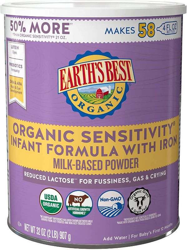 Photo 1 of Earth's Best Organic Baby Formula, Low Lactose Sensitivity Infant Formula with Iron, Non-GMO, Omega-3 DHA and Omega-6 ARA, 32 oz ***BEST BY 08/17/24****
