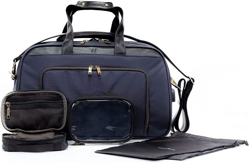 Photo 1 of Nomad Lane Bento Bag - Duffel Bag Suitcase, Lightweight Travel Bag, Multiple Carrying Options and Pockets (Navy w/ Bronze Zipper)
