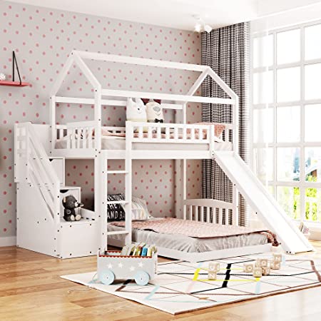 Photo 1 of **INCOMPLETE BOX 2 0F 2**House Bunk Bed with Slide, Wood Twin Over Twin Bunk Bed Frame with Stairs and Roof for Kids, Teens, Girls, Boys (White)
