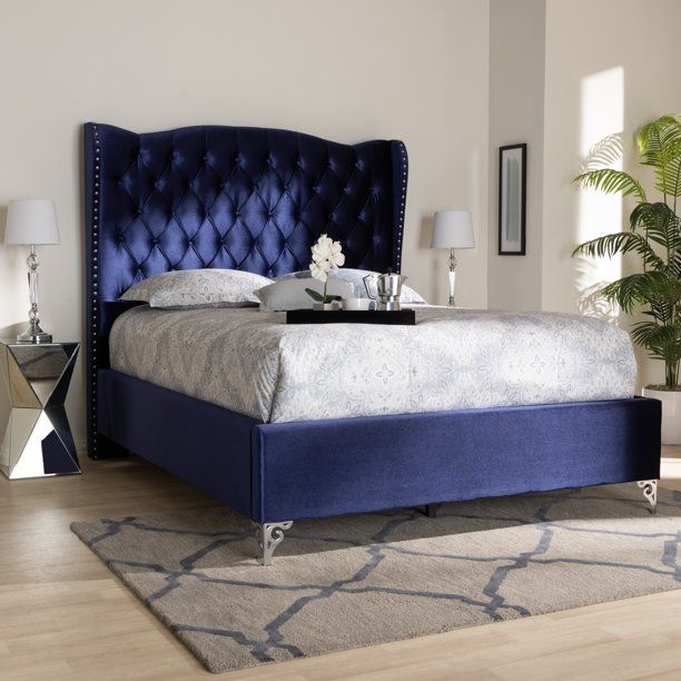 Photo 1 of **INCOMPLETE BOX 2 OF 2 **Baxton Studio Hanne Glam and Luxe Purple Blue Velvet Fabric Upholstered King Size Wingback Bed King
