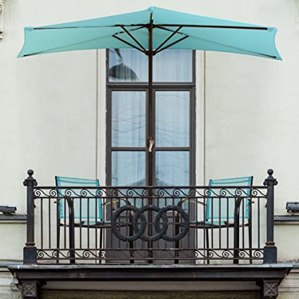 Photo 1 of 9-Foot Half Patio Umbrella – Easy Crank Opening Shade Canopy for Balconies, Porches, or Against a Wall by Pure Garden (Blue)
