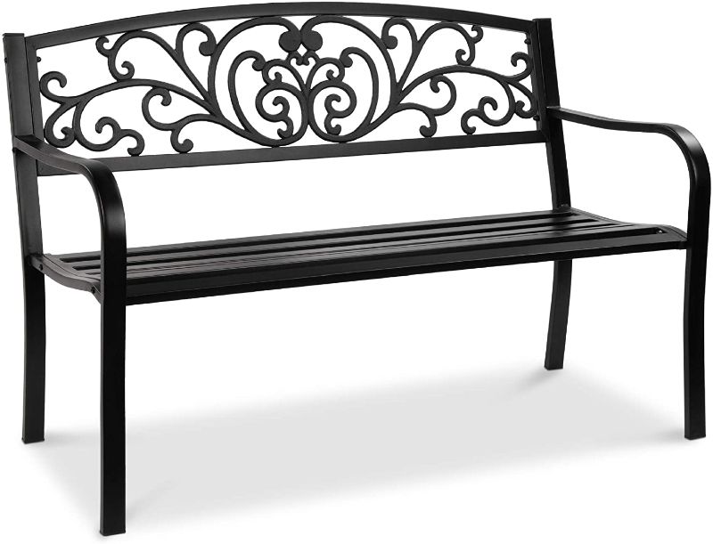 Photo 1 of (stock image for reference only not exact item)
Best Choice Products 50in Steel Garden Bench for Outdoor, Park, Yard, Patio Furniture Chair w/Floral Design Backrest, Slatted Seat - Black