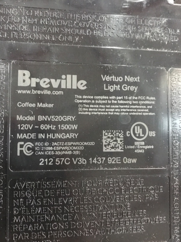 Photo 3 of PARTS ONLY ** Nespresso BNV520GRY Vertuo Next Espresso Machine by Breville, Light Grey
