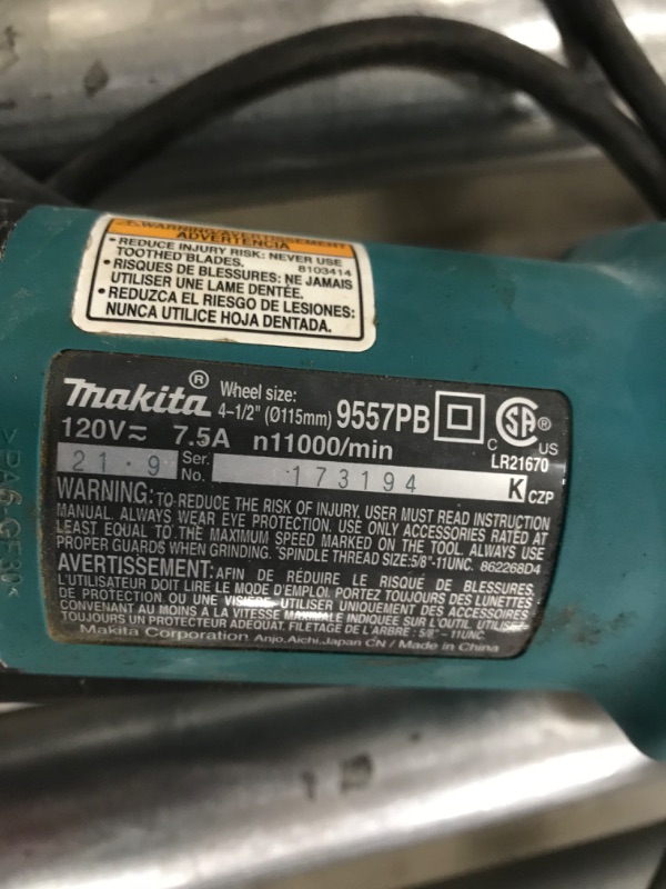 Photo 2 of Makita 9557PB 4-1/2" Paddle Switch Angle Grinder, with AC/DC Switch
