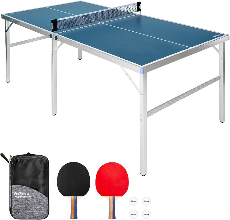 Photo 1 of GoSports Mid-Size Table Tennis Game Set - Indoor/Outdoor Portable Table Tennis Game with Net, 2 Table Tennis Paddles and 4 Balls

