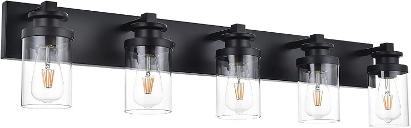 Photo 1 of ***SIMILAR TO POSTED ITEM** VINLUZ 5 Light Bathroom Light Fixtures in Matte Black Finish Metal Base Wall Mount Lighting with Clear Glass Shade Bath Wall Sconces for Mirror, Kitchen,Hallway
