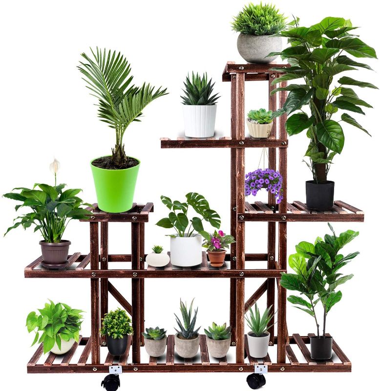 Photo 1 of **MINOR DAMAGE* MISSING PARTS* Brightup Plant Stand, Wood Plant shelf with Detachable Wheels for Indoor Outdoor, 6 Tier 17 Pots Tall Wooden Plant Shelves Display Rack Holder in Garden...
