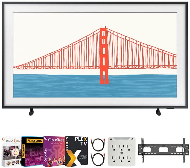 Photo 1 of **MISSING HARDWARE** Samsung QN43LS03AA 43 Inch The Frame QLED 4K Smart TV 2021 Bundle with Premiere Movies Streaming 2020 + 37-100 Inch TV Wall Mount + 6-Outlet Surge Adapter + 2X 6FT 4K HDMI 2.0 Cable
