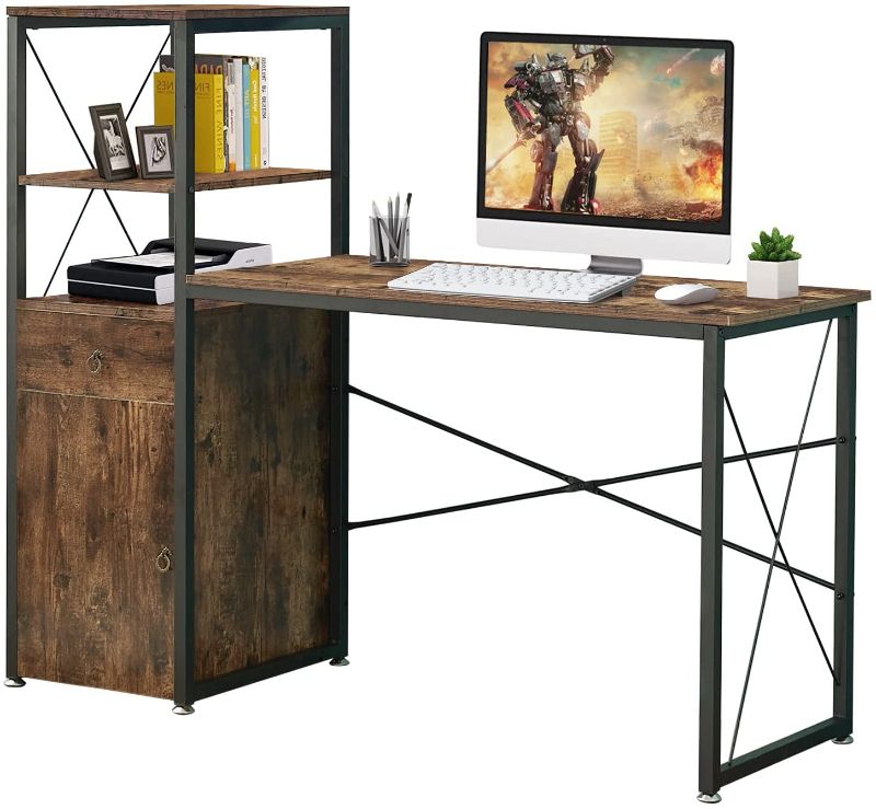 Photo 1 of VECELO Computer Desk with Storage Shelves,Study Writing Table Space-Saving Design Bookshelf,Drawer,Laptop Stand/Multipurpose Home Office Workstation, 57 x 19 in, Brown