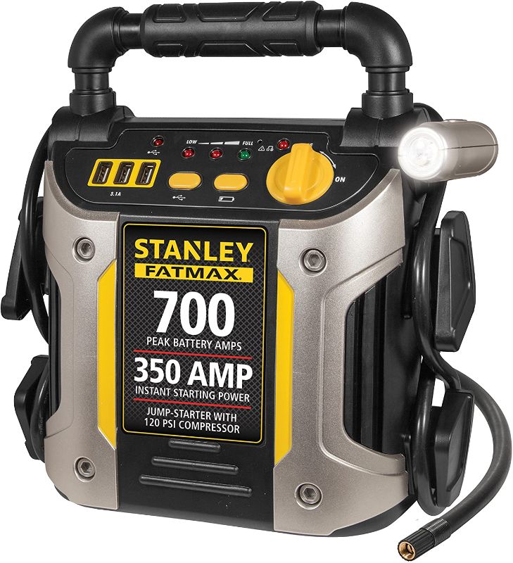 Photo 1 of ***PARTS ONLY***
STANLEY FATMAX J7CS Portable Power Station Jump Starter: 700 Peak/350 Instant Amps, 120 PSI Air Compressor, 3.1A USB Ports, Battery Clamps