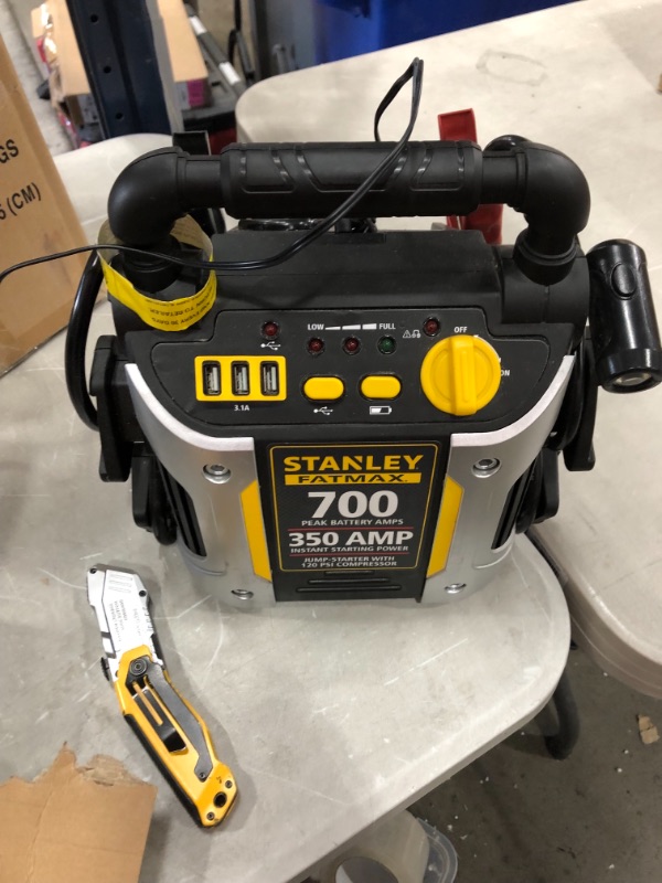 Photo 2 of ***PARTS ONLY***
STANLEY FATMAX J7CS Portable Power Station Jump Starter: 700 Peak/350 Instant Amps, 120 PSI Air Compressor, 3.1A USB Ports, Battery Clamps