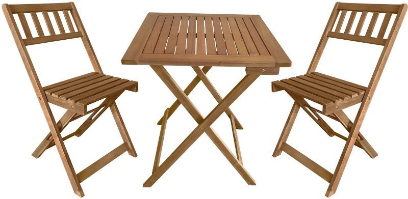 Photo 1 of 3-Piece Acacia Wood Folding Patio Bistro Set Outdoor Bistro Set Table and Chairs Set with 2 Chairs and Square Table for Pool Beach Backyard Balcony Porch Deck Garden Wooden Furniture, Natural Oiled