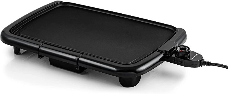 Photo 1 of Ovente Electric Indoor Kitchen Griddle 16 x 10 Inch Nonstick Flat Cast Iron Grilling Plate, 1200 Watt with Temperature Control and Oil Drip Tray Perfect for Cooking Pancake, Breakfast, Black GD1610B
