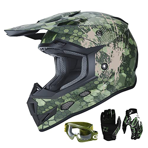 Photo 1 of ***MISSING GOGGLES*** GLX Unisex-Child GX623 DOT Kids Youth ATV Off-Road Dirt Bike Motocross Helmet Gear Combo Gloves Goggles for Boys & Girls (Camouflage, X-Large)
