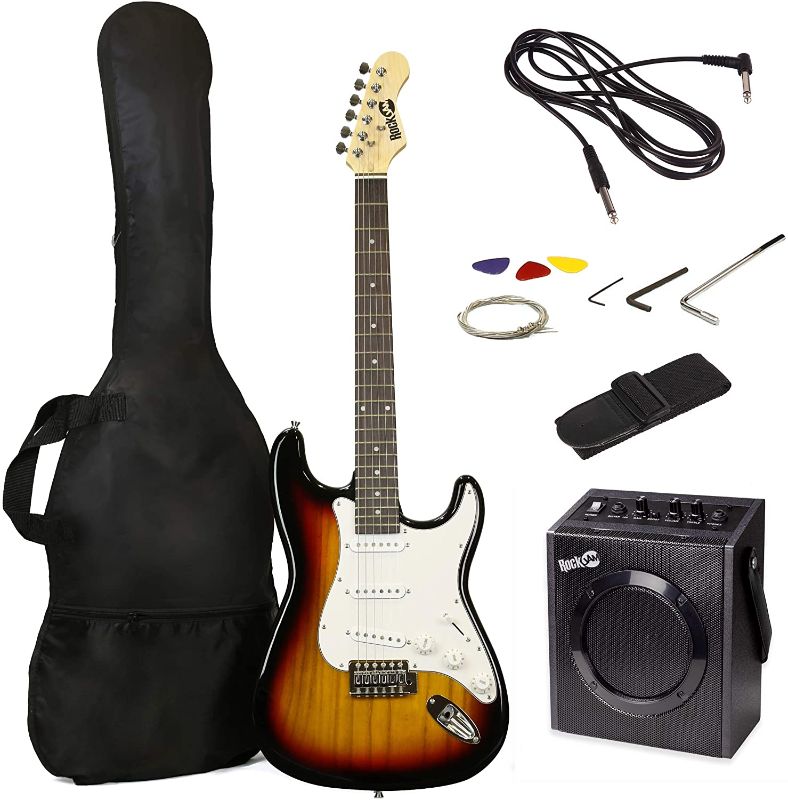 Photo 1 of RockJam Electric Guitar Superkit with 10-watt Amp, Gig Bag, Picks & Online Lessons 6 String Pack, Right, Sunbusrt, Full (RJEG03-SK-SB)
