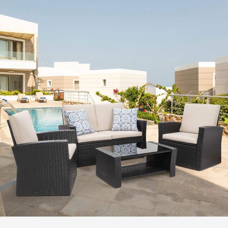 Photo 1 of *** INCOMPLETE,BOX 1 OF 3 ****Shintenchi 4-Piece Outdoor Patio Furniture Set, Wicker Rattan Sectional Sofa Couch with Glass Coffee Table | Black
