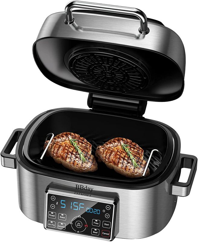 Photo 1 of DAMAGED: BBday Smokeless Indoor Electric Grill, with 6.5 QT 10-in-1 Air Fryer, Roast, Bake and Dehydrate, 1660W, LED Digital Display, Stainless Steel
