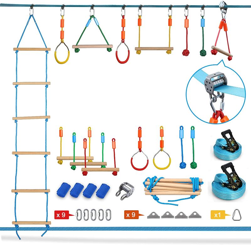 Photo 1 of Jugader 50FT Ninja Warrior Obstacle Course for Kids with Zipline Slide Pulley, Ninja Slackline with Climbing Ladder, Monkey Bars, Gym Rings, Rope Knots (Double Line Design)
