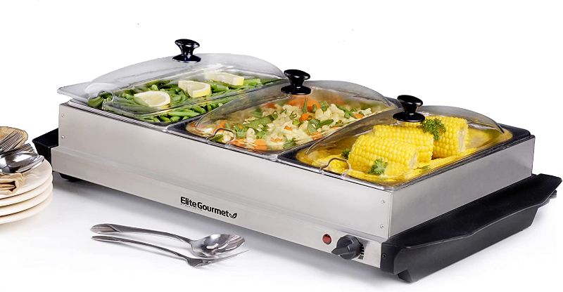 Photo 1 of Elite Gourmet Elite Platinum EWM-6171# Maxi-Matic 7.5 Quart Triple Buffet Server Food Warmer Temperature Control, Clear Slotted Lids, Perfect for Parties, Entertaining & Holidays, Stainless Steel
