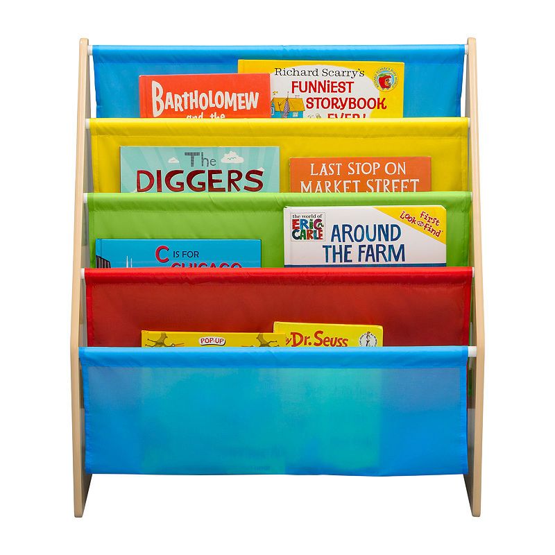 Photo 1 of Delta Children Sling Book Rack 4-Tier 28"H Bookshelf, Natural/Blue/Red/Green/Yellow (TB84452GN-1189)
