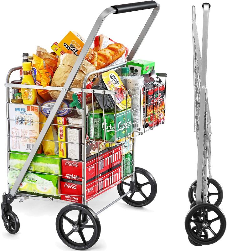 Photo 1 of Wellmax Shopping Cart with Wheels, Metal Grocery Cart with Wheels, Shopping Cart, Holds Up To 160lbs, Dual Swivel Wheels and Extra Basket, Silver 45X24"
