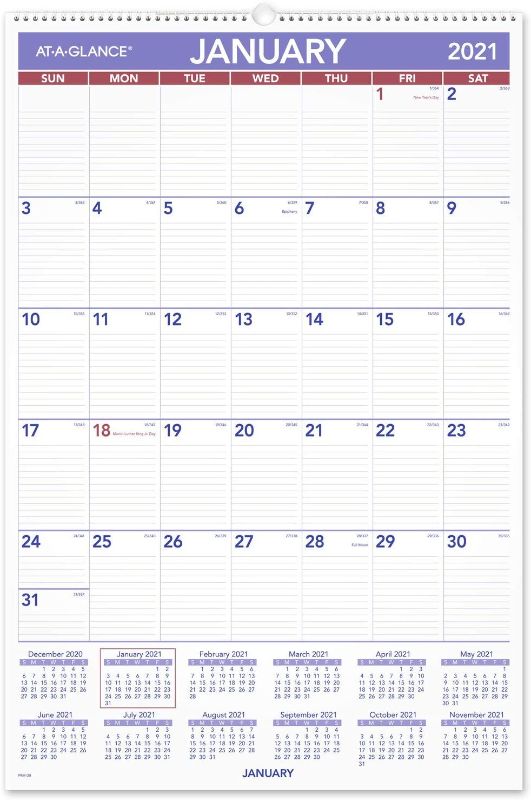 Photo 1 of 2021 Wall Calendar by AT-A-GLANCE, 20" x 30", Extra Large, Monthly, Wirebound (PM42821), White
