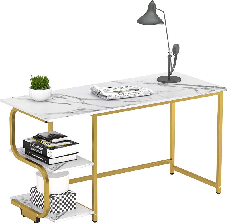 Photo 1 of Teraves Reversible Computer Desk for Small Spaces with Shelves,Gaming Desk Office Desk for Home Office (47in, White Marbling+ Gold Frame)
