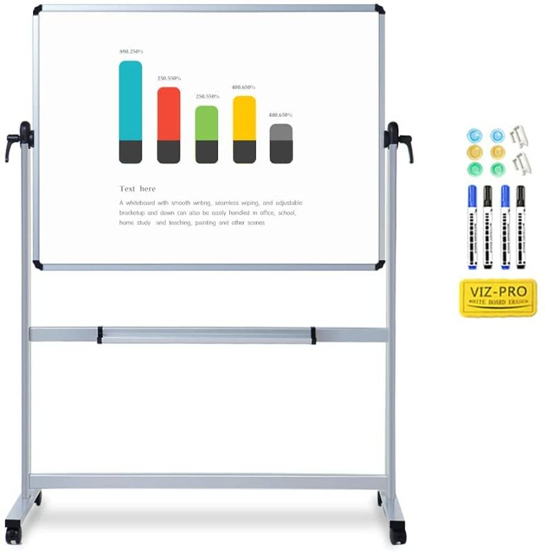 Photo 1 of VIZ-PRO Double-Sided Magnetic Mobile Whiteboard, 48 x 32 Inches, Aluminium Frame and Stand
