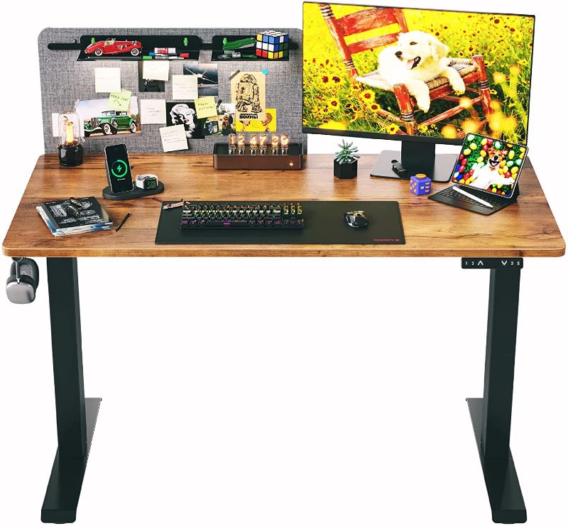 Photo 1 of FAMISKY Ergonomic Workstation, 48 * 24 Inches Dual Motor Sit Stand up Desk Home Office Computer Desk Memory Preset with Free Message Board, Black Steel Frame, Rustic Brown Tabletop